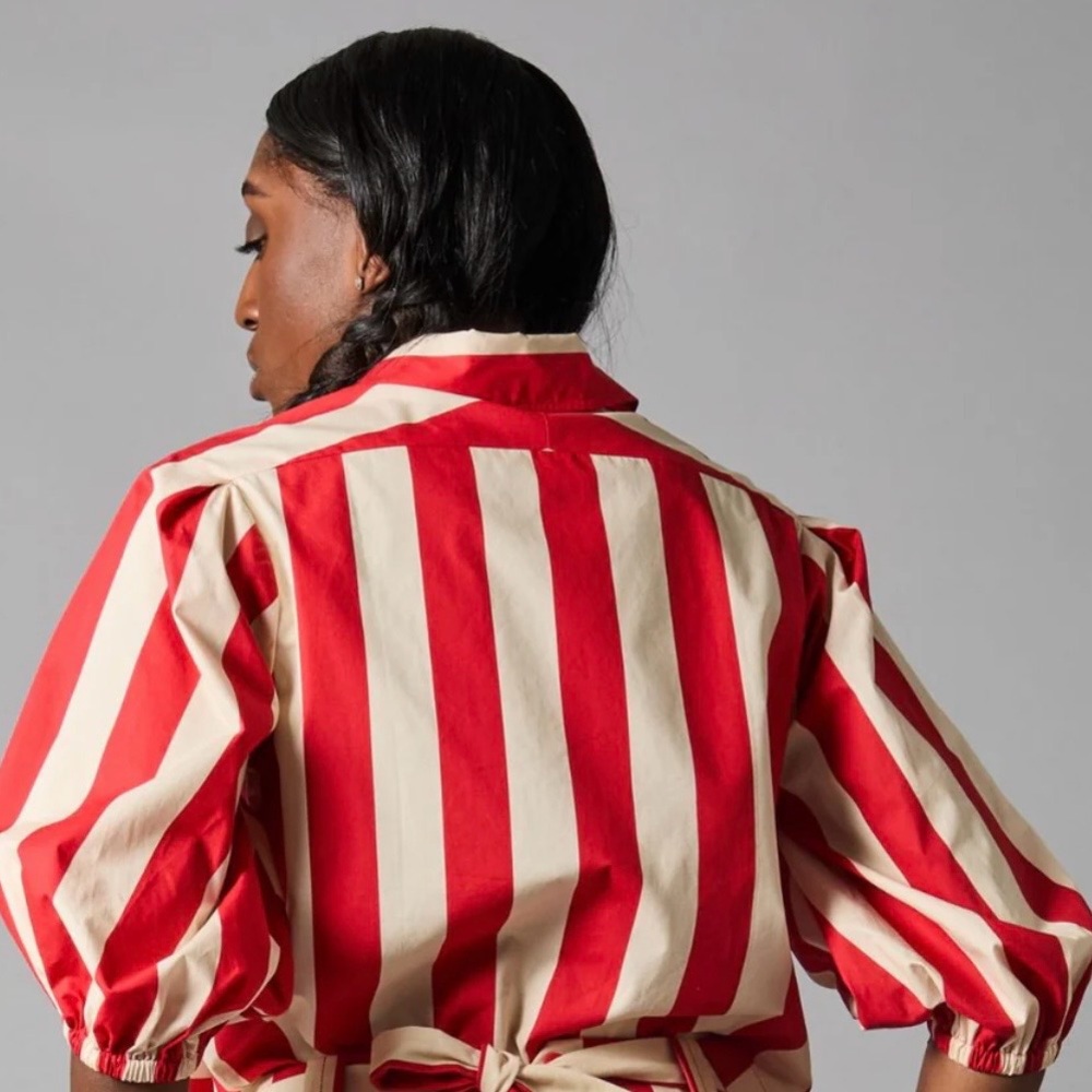 Tracy Reese Red and Cream Vertical Stripe Button-Down Top - Picture 3 of 16